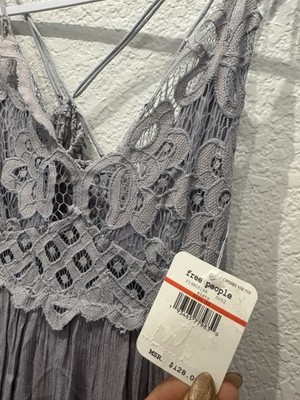 free people adella crochet dress Free People Fp One Adella Maxi Dress Crochet Smocked Strap Slip Light Gray  XS