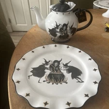 Potter’s Studio Ceramic Teapot Halloween Witches Cauldron Brew Dinner Plate