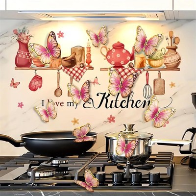 Kitchenware Utensil Shelf 3D Butterfly Pink Wall Stickers I Love My Kitchen Wall