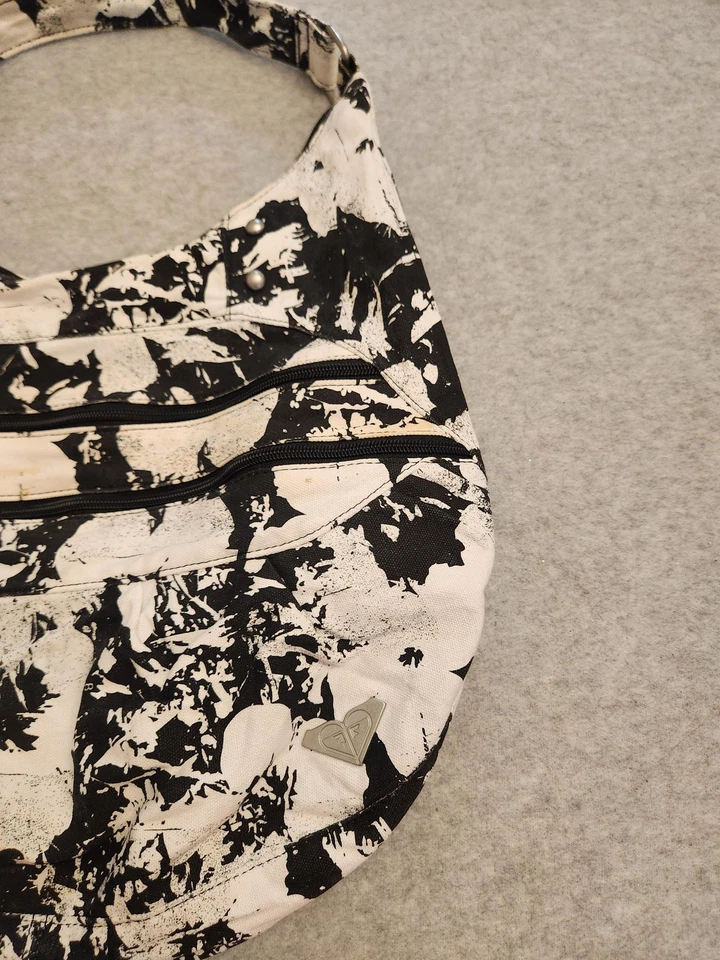 Bolso de Hombro Roxy Hobo Mujer Talla Única Negro Blanco Floral Algodón Cremallera Y2K Foto 2 de 4