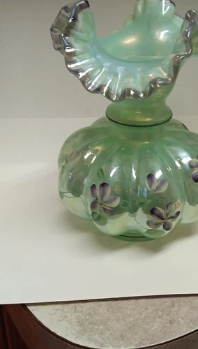 Fenton Hand Painted Green Art Glass Vase Floral Design Signed J. Harder