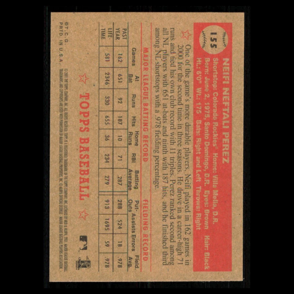 Neifi Perez #155 2001 Topps Heritage Colorado Rockies Baseball Card MLB NM - Image 2 of 3