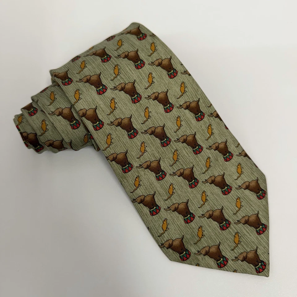 Hermes Mens Tie Circus Elephants & Mice Sage/Brown Silk 7681 TA 3.5" (W) 57" (L) - Image 4 of 4