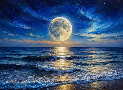 Original Hand Painted Moonlit Ocean Seascape Canvas Art 16x12 Coastal Wall Decor