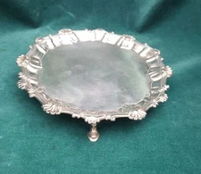  IMPORTANT 1762 ENGLISH LONDON STERLING SILVER FOOTED WAITERS BY EBENZER COKER 