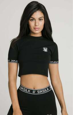 SikSilk Damen schwarzes kurzes Tech-T-Shirt UK10 Small