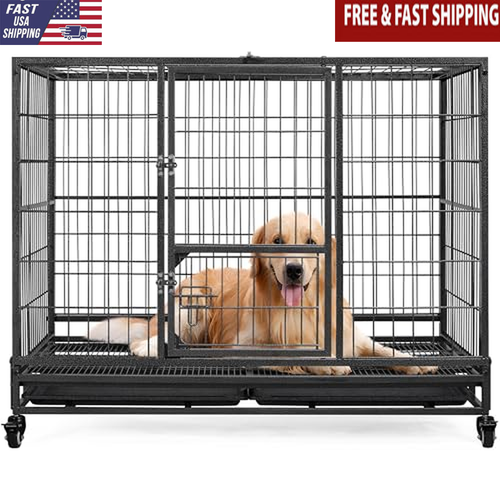 Metal Dog Crate 42-in Indoor Dog Kennel Cage w/Double Doors & Locks Black