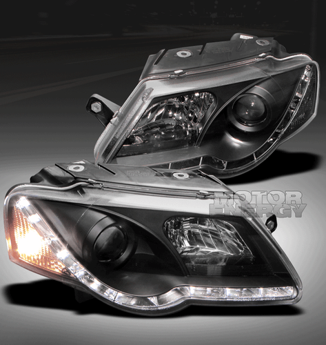 06-08 VW PASSAT B6 PROJECTOR HEADLIGHTS R8 STYLE STRIP DRL LED BLACK LEFT+RIGHT - Bild 1 von 2