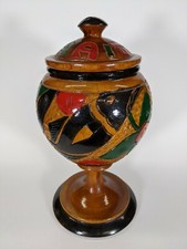 Haitian Hand Carved Wood Decorative Bowl Pedestal Lid Fish Bird Haiti 11"