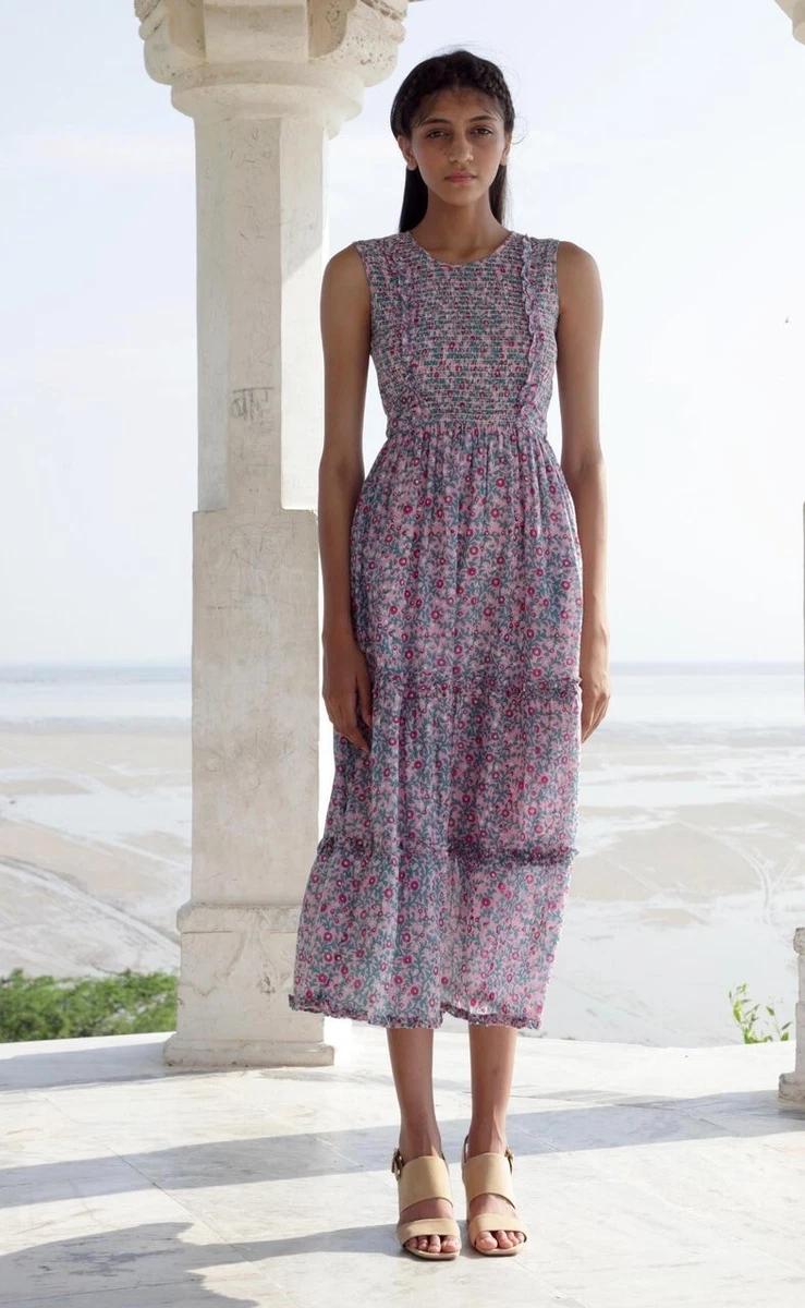 New Banjanan Isha Maxi Dress Size Large Scattered Floral Wild Rose