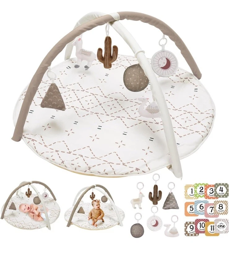Tummy Time Mat with 6 Toys, Macrame Baby Play Mat for Newborn, Baby Gym Khaki
