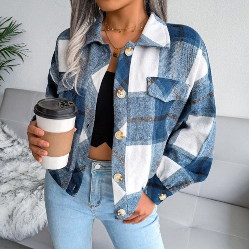 Lady Crop Plaid Coat Shirt Jacket Top Casual Button Down Retro Long Sleeve Basic - Picture 9 of 29