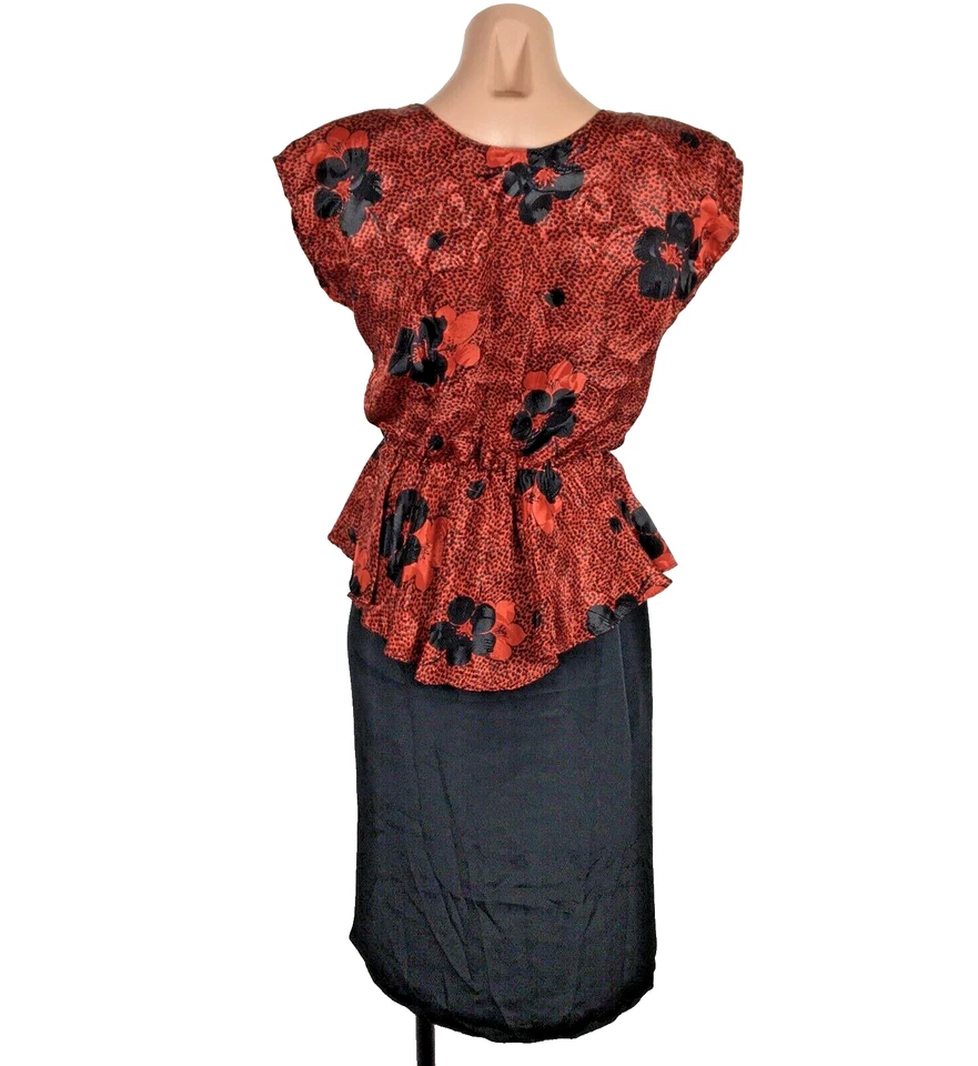 Винтажный 80-х пеплум красный цветочный шелк черный Shealth сексуальное платье гранж готики EUC Sz S - Изображение 2 из 4