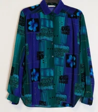 ALL HOURS Blue/Green Collared Long Sleeve Button Blouse; Size M