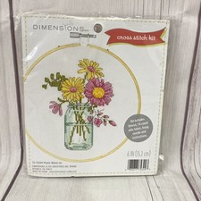 New Sealed Dimensions Cross Stitch Kit - Flower Mason Jar Kit , Hoop,  72-75344