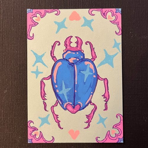 ACEO Original Drawing Heart Beetle magic whimsical bugs fantasy mushroomsquire