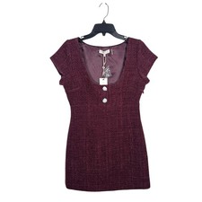LoveShackFancy Mini Dress Women 6 Burgundy NEW Tweed Crystal Button Cap Sleeve
