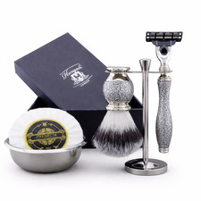 Premium 5PC Silver Grooming Kit with Synthetic Silvertip Shaving Brush  Razor