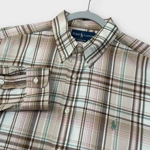 Ralph Lauren Shirt Mens XL Beige Green Plaid Button Down Long Sleeve Classic Fit
