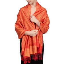 Orange Pashmina Shawl Scarf Paisley Jacquard Wrap Evening Stole With Tassels
