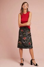 Maeve Anthropologie Black Sequin Floral Embroidered Midi Skirt Sz 6 NWT Holiday
