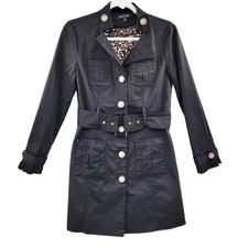 Vintage For Cynthia Black Trench Coat Leopard Print Lining Ruffled Wrists Size M