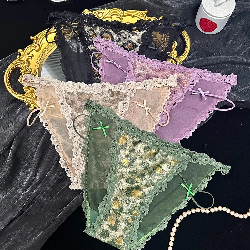 Paquete de 4 bragas sexy de leopardo para mujeres calzoncillos de encaje transparente ropa interior lencería bikini Foto 2 de 4