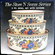 Vintage M. Kamenstein enamelware nesting bowls w/lids Porcelain on Steel Set/3