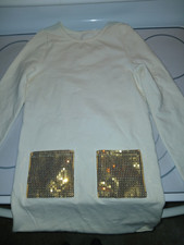 Girls White Shift Dress Gold Sequin Accents Long Sleeve Crew Neck