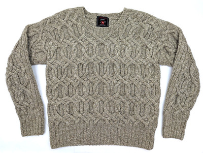American Eagle Shetland Wool Chunky Cable Knit Sweater, Men L, Beige Crew Neck