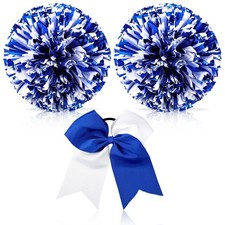 3 Pcs Pom Poms Cheerleading and Cheer Bow, Blue White, Glitter Matte