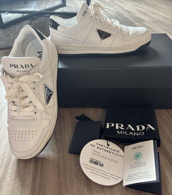 PRADA Downtown Women s Low Top Leather Sneakers White/Black Lace-Up New w/ Box