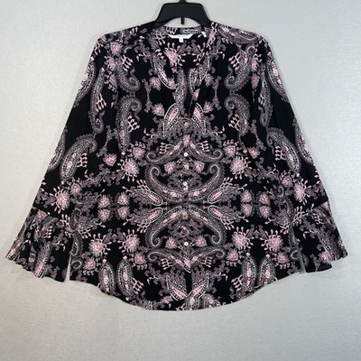 Foxcroft Womens Blouse 16 Black Pink Paisley Button Front Long Sleeve Top