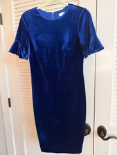 Calvin Klein Blue Velvet Sheath Dress Size 6 Ruffle Sleeve Holiday Cocktail