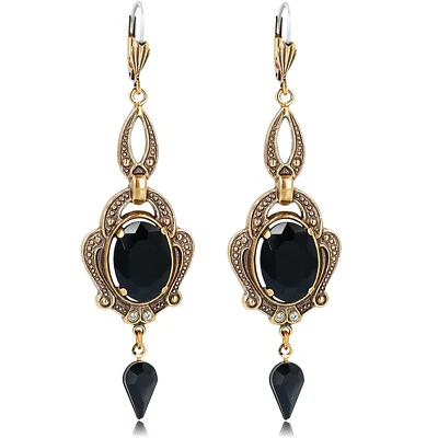 NOBEL Jugendstil Ohrringe Gold Schwarz mit Markenkristallen Chandelier Ohrhänger NO...