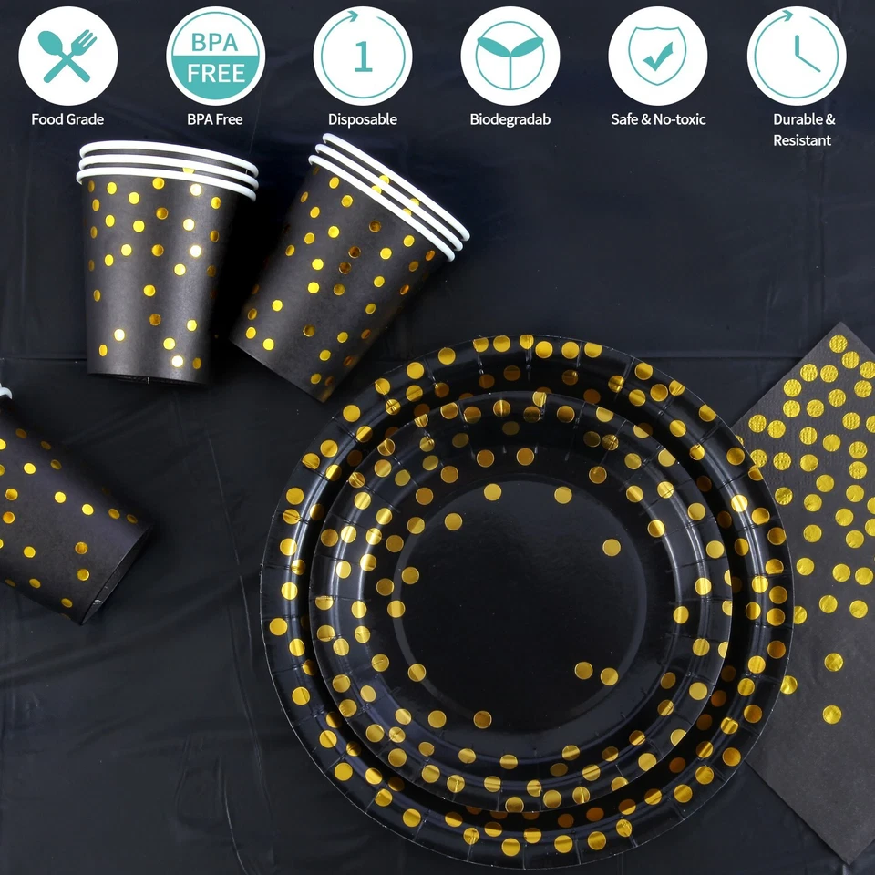 Juego de fiesta desechable negro y dorado 176 piezas - platos, tazas, servilletas, cubiertos Foto 4 de 4