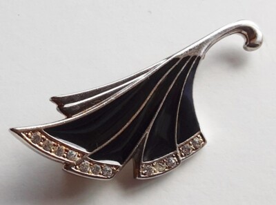 Broche Vintage En Métal Émaillé Noir Avec Cristaux - Style Art Déco/Moderne - Réf A22