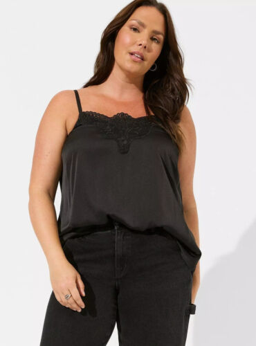 4x Torrid 4 (26) Black Sophie Satin Lace Trim Cami Adj strap, V neck, Versatile