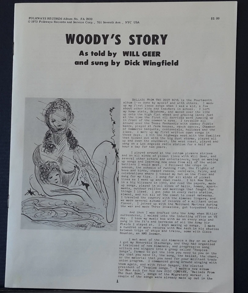 WOODY'S STORY AS TOLD BY WILL GEER & SUNG BY DICK WINGFIELD 1973 FOLKWAYS REC US - Image 3 of 4