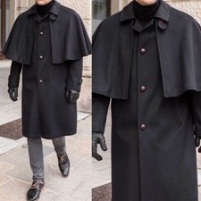Men's Black Wool Blend Overcoat with Removable Cape for Business Cosplay Party