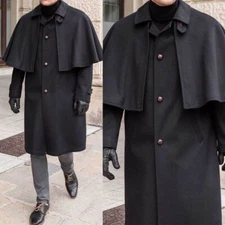 Men's Black Wool Blend Overcoat with Removable Cape for Cosplay Business Party