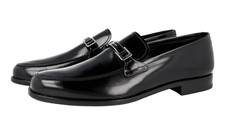 PRADA LOGO DRESS SHOES LOAFER SLIPPER POLISHED BLACK LEATHER US 12 EU 45