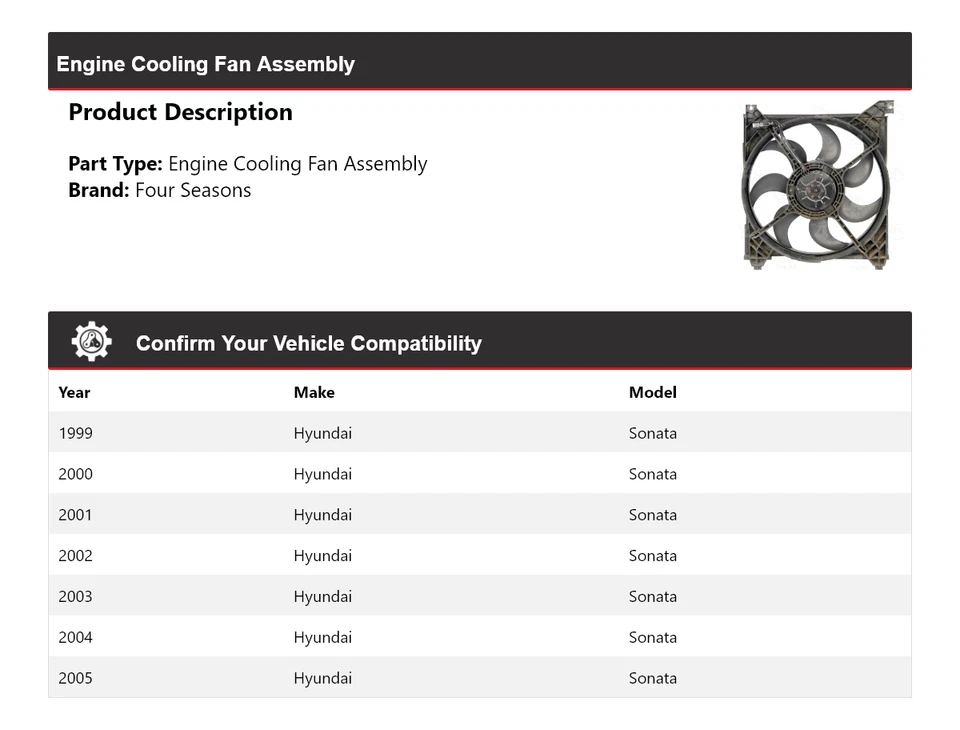 Conjunto de ventilador de refrigeración del motor Hyundai Sonata 1999-2005 4 estaciones 2000 2001 Foto 2 de 4