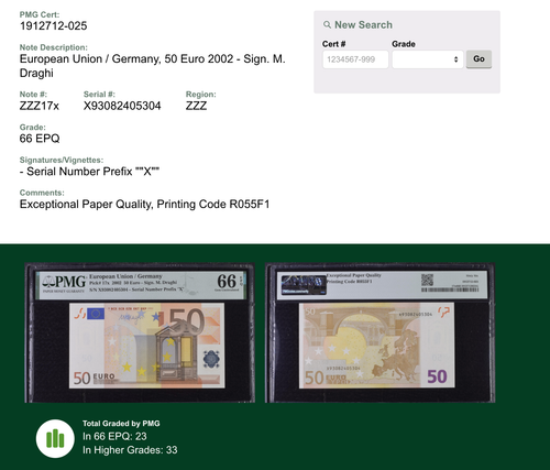 66 EPQ PMG 50 Euro 2002 Germany EU Banknote Sign. M. Draghi Prefix "X" # ZZZ17x - Picture 2 of 4