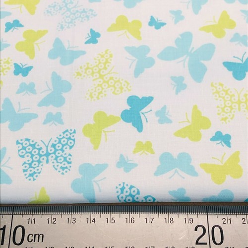 BUTTERFLIES BLUE YELLOW ON WHITE 100% COTTON FABRIC per metre - Picture 2 of 2