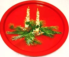 Vtg Metal Christmas Red 11" Serving Tray,Decor, Candles,pinecones Grandma Core