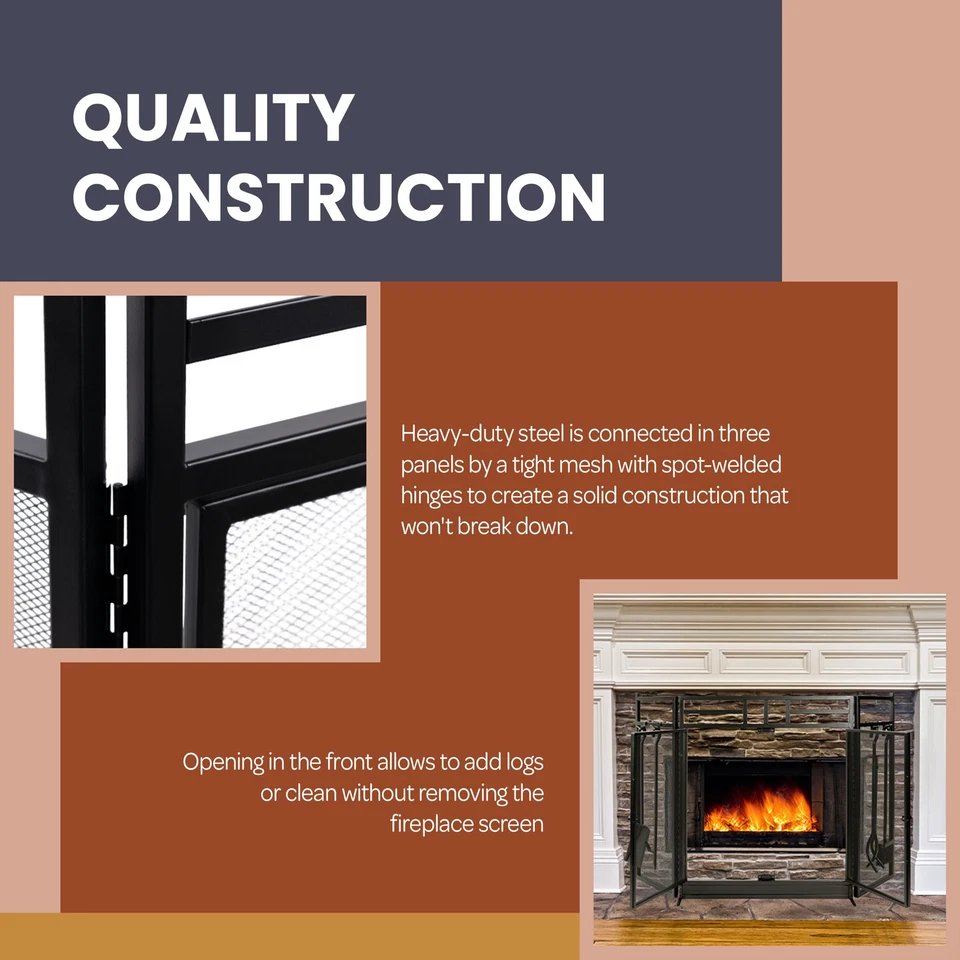 Tela de lareira 3 painéis portão de lareira com portas e conjunto de ferramentas 4 peças, preto - Imagem 3 de 4