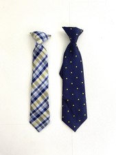 Boys Navy Blue Yellow Clip-on Necktie Lot of 2 Kids Accessories Plaid Polka Dot