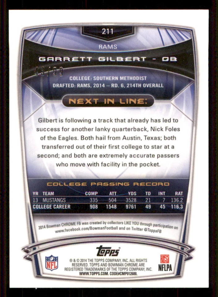 2014 Bowman Chrome Bubbles Refractors #211 Garrett Gilbert /99 - Image 2 of 2