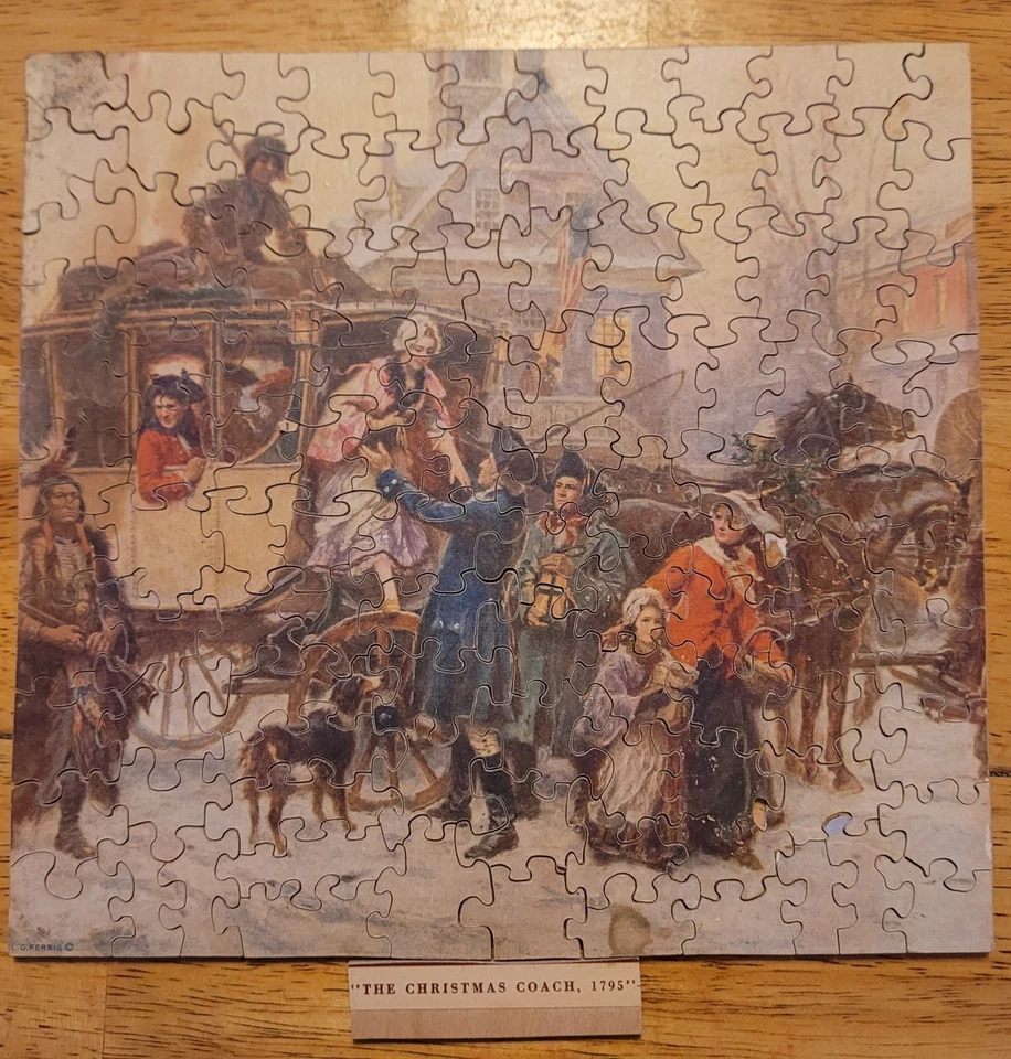 Antique Wood Jigsaw Puzzle The Christmas Coach Rare Antique Vintage Complete  - Image 2 of 4